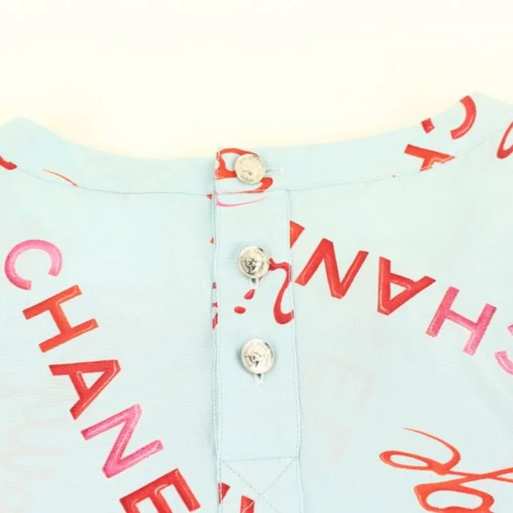 Chanel Size 38 96P Rouge Coco All Over Blue Silk Top Blouse Shirt 69cc614s